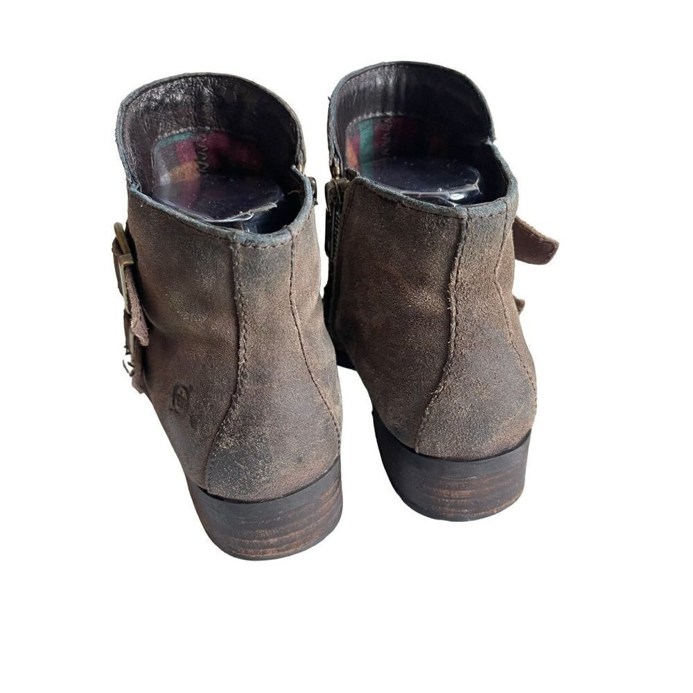 BORN Size 6M Brown Suede Leather Side Zip Double Buckle Round Toe Ankle Booties - Picture 7 of 9